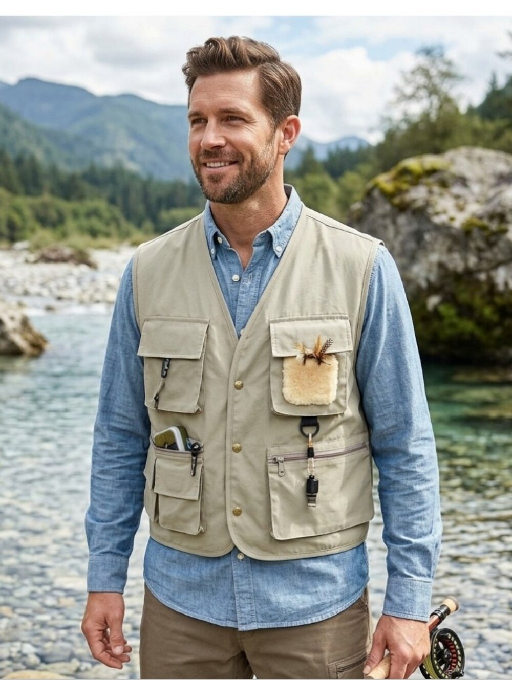Vtg 90s NOS Eddie Bauer Fishing Vest Mens XL Beige Khaki Utility Pockets